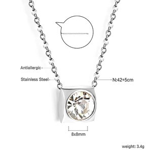 Detail of round cubic zirconia pendant on stainless steel chain showing dimensions