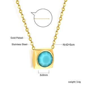 Detail of square gold plated necklace with blue gemstone pendant and measurement data
