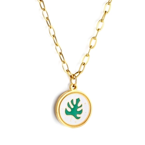 Collier en acier doré avec pendentif en nacre blanche orné d'un motif de feuille verte