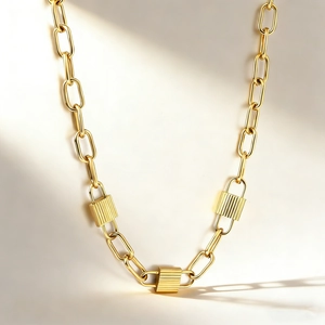 18K gold plated thick chain necklace with textured rectangular lock charms for women