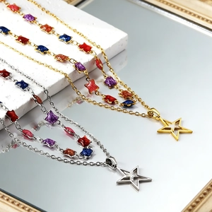 Star Pendant Necklace Double Layered 18K Gold Plated Stainless Steel Colorful Glitter Small Stars Aesthetic Jewelry For Women