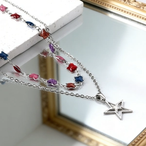 Double-layered stainless steel necklace featuring colorful glitter stars and hollow pendant