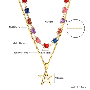 Detailed view of 18K gold plated stainless steel double layer star pendant necklace