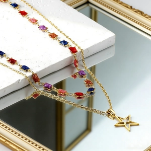Gold plated stainless steel double layered necklace with colorful star charms and hollow pendant