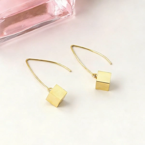 Minimalist gold square drop earrings with long hooks and matte geometric cubes