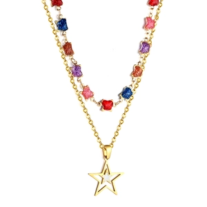 Double-layered 18K gold plated necklace with hollow star pendant and colorful glitter beads