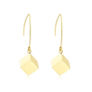 Elegant gold-plated geometric cube earrings with long hook wire in a polished finish