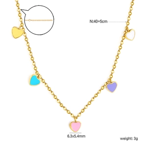 Gold stainless steel necklace with five colorful enamel heart pendants for women