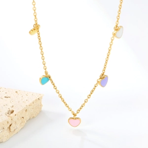 18K gold plated stainless steel necklace with five colorful enamel heart pendants
