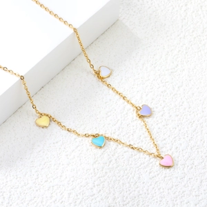 18K gold-plated stainless steel necklace with five colorful enamel heart-shaped charms