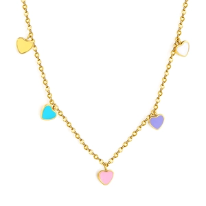 Golden stainless steel necklace featuring five colorful heart-shaped enamel charms