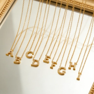 Initial Letter Pendant Necklace Shiny Rhinestone Gold Plated Stainless Steel Capital Alphabet Jewelry For Women