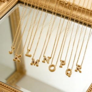 18K gold plated stainless steel initial pendant necklaces J-R with zircon stones