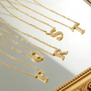 18K gold plated stainless steel O-chain necklaces with iced out P to T letter pendants
