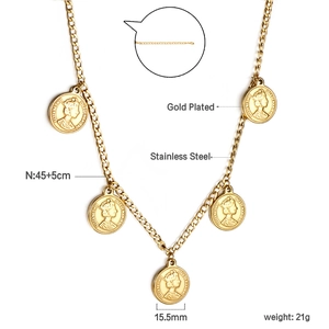 Detailed specs of gold coin necklace showing 15.5mm diameter and 45cm chain with 5cm extension