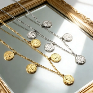 Vintage Coin Pendant Necklace Stainless Steel Gold Plated Portrait Pattern Curb Chain Retro Jewelry For Women