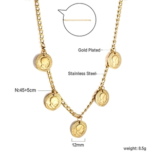 Detail of gold plated stainless steel necklace with coin pendants and dimensions