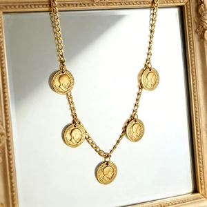 Gold-plated stainless steel necklace with five vintage portrait coin pendants for women