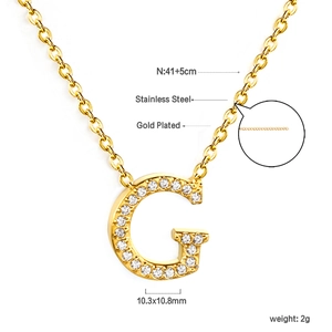 Detail of 18K gold plated G-letter pendant necklace with CZ stones and chain measurements