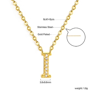 Close-up of letter I pendant with zircons on an 18K gold-plated stainless steel chain
