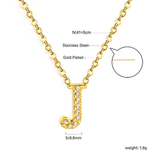 Detailed view of 18K gold plated letter J pendant necklace with dimensions 5x9.6mm