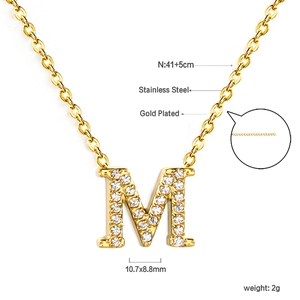 Detailed specs for gold stainless steel M pendant necklace with cubic zirconia