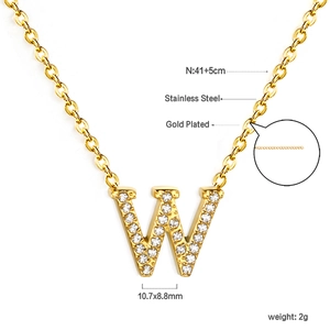 Detail view of 18K gold plated stainless steel 'W' pendant with pave-set cubic zirconia