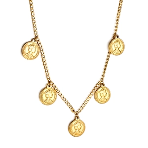 Gold stainless steel coin necklace featuring five portrait medallions on a link chain