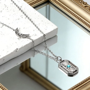 Vintage stainless steel necklace with crescent moon and blue gemstone rectangle pendant