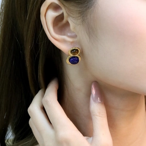 Boucles D'oreilles Vintage Ovales En Acier Inoxydable Doré Avec Pierres Oeil De Tigre Et Lapis Lazuli Pour Femmes Bijoux Rétro
