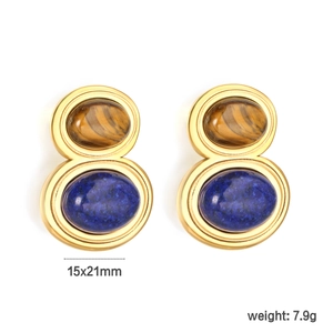 Détails de boucles d'oreilles vintage en or avec œil de tigre et lapis-lazuli