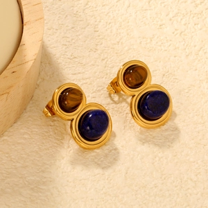 Boucles d'oreilles vintage en acier plaqué or avec œil de tigre et lapis-lazuli