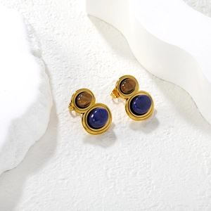 Boucles d'oreilles vintage en acier doré avec œil de tigre et lapis-lazuli ovales