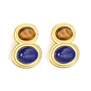 Boucles d'oreilles vintage en acier doré avec pierres ovales œil de tigre et lapis-lazuli