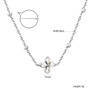 French luxury white zircon petal pendant necklace in silver stainless steel, 40+5cm chain