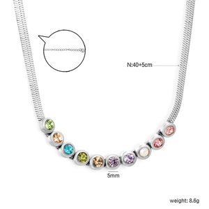 Silver blade chain necklace with multi-color cubic zirconia and 5mm stones