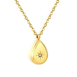 18K gold plated stainless steel teardrop necklace with starburst engraving and zircon