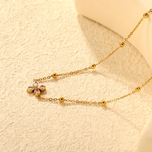 French style stainless steel necklace with gold bead chain and zircon flower pendant