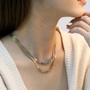 Stainless Steel Necklace Multi Color Cubic Zirconia Snake Chain Round Bezel Setting Jewelry For Women Party Style
