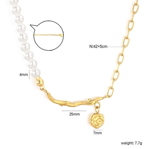 Elegant asymmetrical pearl necklace with a golden rose pendant and branch detail
