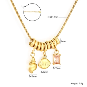 Detail of gold shell pendant necklace showing 42+5cm length and 7.5g weight specifications