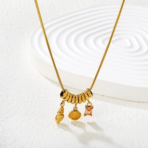 18k gold stainless steel snake chain necklace with shell pendant and pink gemstone