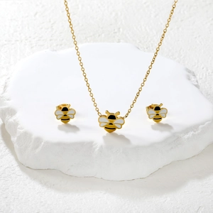 Parure bijoux abeille dorée mignonne avec collier et boucles d'oreilles en émail blanc