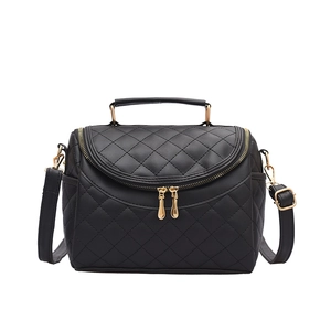 Classic black quilted PU leather handbag with gold zippers and adjustable shoulder strap