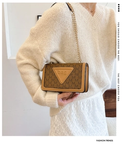 Detail einer braunen quadratischen Tasche mit Goldkette und Buchstabenmuster am Körper
