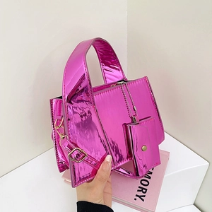 Sac à Main en Cuir PU Miroir Brillant pour Femme Sac à Bandoulière Carré Métallique Avec Mini Porte-Monnaie Assorti
