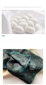 Detail of luxury silk scarf showing natural silk cocoons and soft emerald green fabric