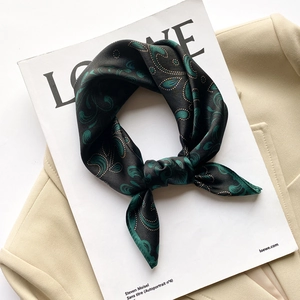 Detail of green paisley silk scarf tied as a neckerchief on a white magazine background