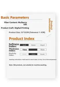 Specifications and care instructions for 53x53cm silk scarf with digital printing