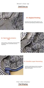 Detail of silk-like scarf featuring digital printing and durable double-edged stitching